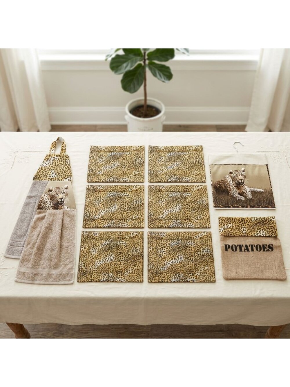 Leopard Print Placemat Set 10 Items Onion Bag & Tea Towels Made in South Africa
